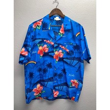 Vintage Casual Wear Hawaiian Button Up Shirt Hawaii Made Blue Top Mens Large