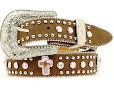 Nocona Western Belt Girls Cross Crystals Distressed Pink N4425644