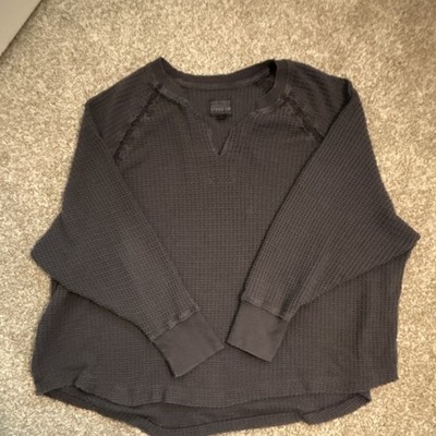American Eagle Oversized Blue/Gray Waffle Knit V-Neck Sweatshirt Women s L 