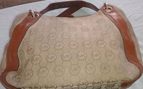 Michael Kors Ludlow Canvas Logo Handbag Shoulder Bag Gold Brown Leather - Picture 4 of 12