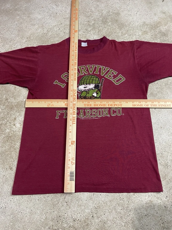 Vintage 80s Snoopy I Survived Ft. Carson T-Shirt Burgundy Large Thin Army Tee US - Image 4 of 4