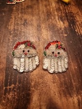 Vtg Christmas Santa Face Earrings Bead Sequin Holiday Studs Handmade