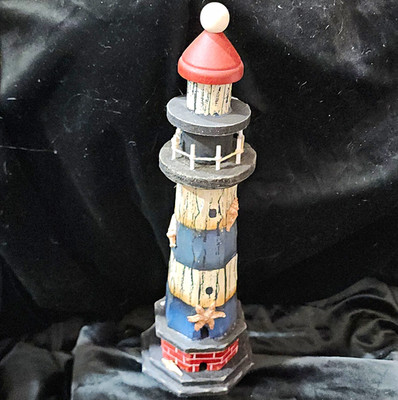 Hand Painted 14'' Nautical Wood Lighthouse, Blue White Red Black, Striped