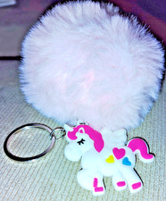 PINK PUFFY POM POM ACRYLIC UNICORN W/ HEARTS KEY RING
