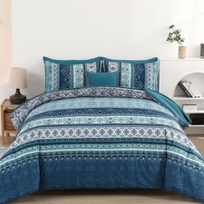Boho Queen Comforter Set 8 Pieces, Teal Blue Comforter Bohemian Striped Bed i...