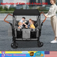 Folding Baby Stroller Wagon Cart For 4 Kids, Face To Face High Seat With Canopy