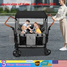  Folding Baby Stroller Wagon Cart For 4 Kids, Face To Face High Seat With Canopy