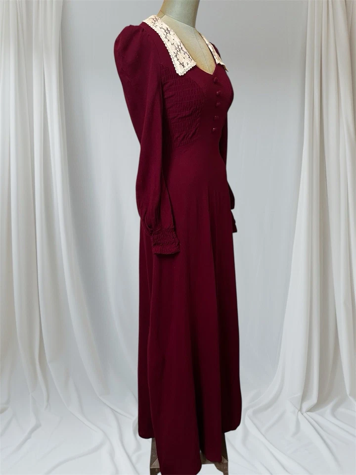 Maxi Vestido De Colección Pioneer Praire Talla Pequeña Hecho a Mano Elegante Manga Larga Encaje Acanalado Foto 3 de 4