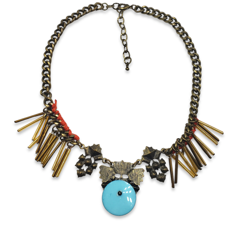 Brass Antiqued Gold Tone Colorful Rhinestone Chunky Statement Collar Necklace - Picture 3 of 11