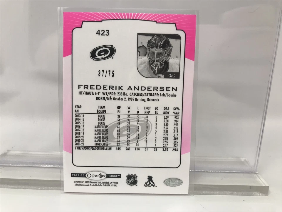 Frederik Andersen - 2022-23 O-Pee-Chee Neon Pink Variation #423 Insert 37/75 - Image 2 of 2