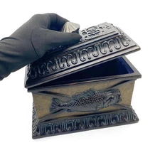 Vintage Cast Resin Lidded Fishing Themed Trinket Box with Blue Velvet Lining