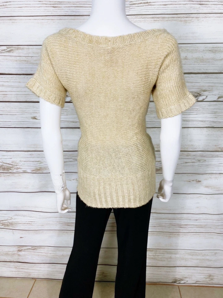 Top tejido Derek Heart para mujer talla S beige con brillo dorado manga corta pulóver Foto 4 de 4