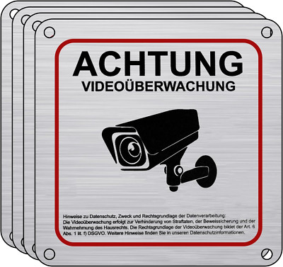 Videoüberwachung Schild 4er 15x15cm Aluminium DSGVO Achtung Privatgrundstück