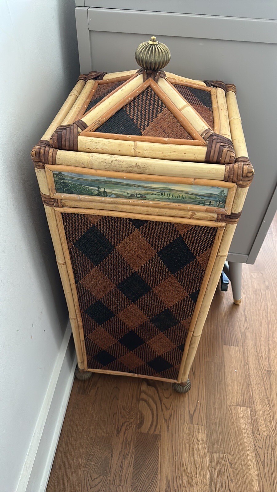 RARE MacKenzie Childs Lidded Hamper Ajiro Rattan Bamboo Landscape 35