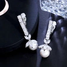 Sparkly Cubic Zirconia Leaf Long Pearl Drop Clip On Earrings Silver Plated Women