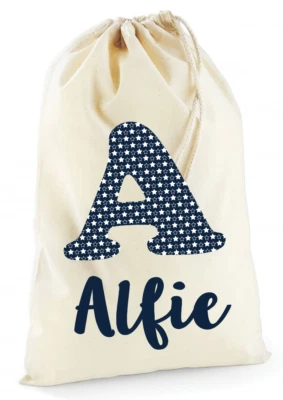 Personalised Boys Initial Cotton Drawstring Bag Vintage Blue Stars Birthday Gift