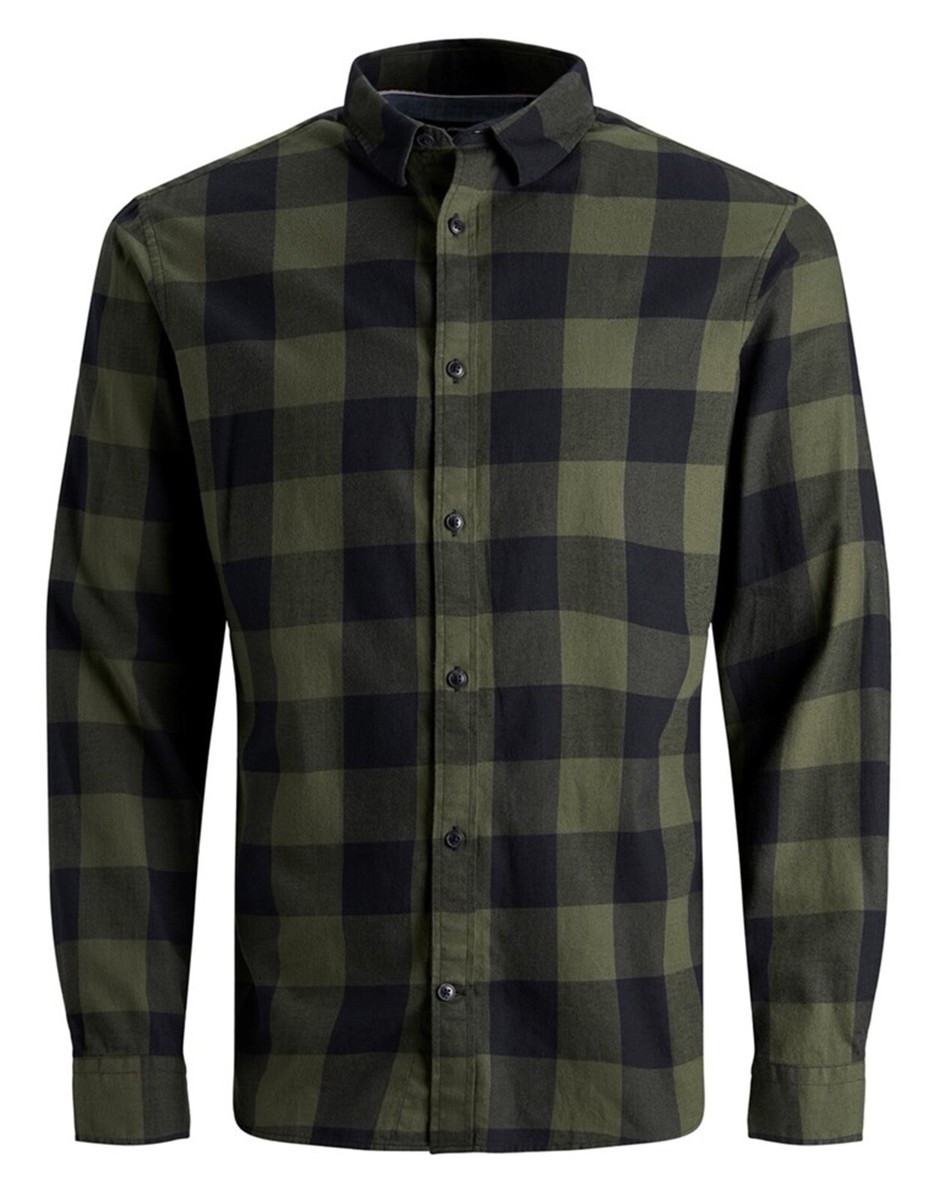 JACK JONES Mens Long Sleeve Shirt Slim Check Casual Smart Shirts Dusty  Olive