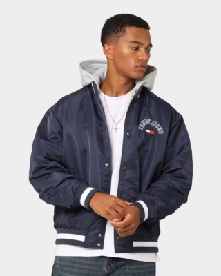 Tommy Jeans TJM Graphic Satin Bomber Jacket with Hoodie Navy Blue 