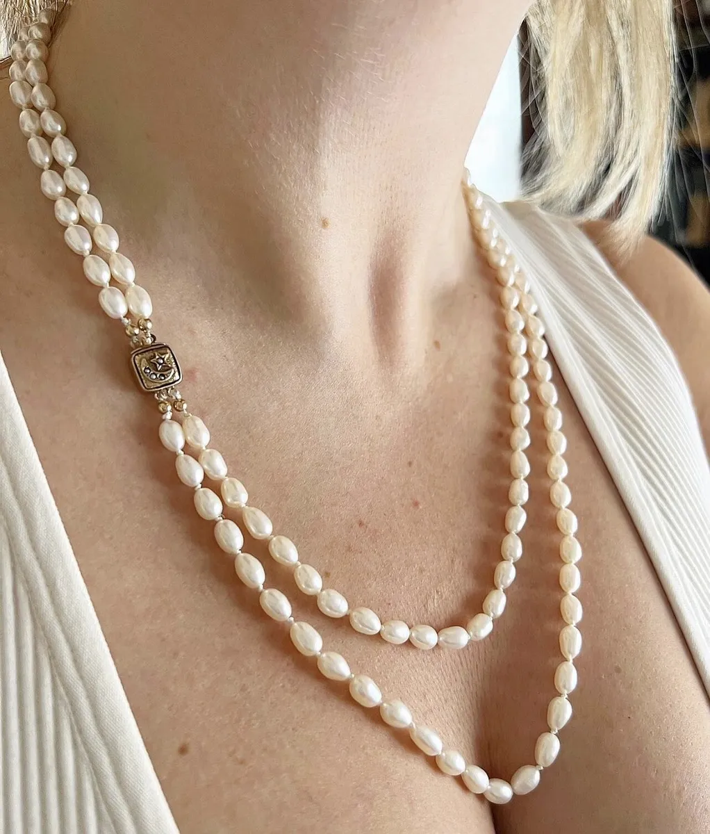 ANTIQUE • Victorian Double Strand Pearl Necklace w/ 14k Star & Crescent  Clasp
