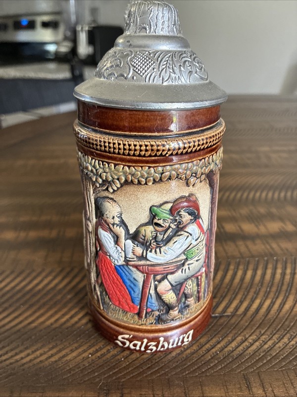 Vintage Beer Stein Mug w Handle-handcrafted, hand-painted-King Werk in Germany