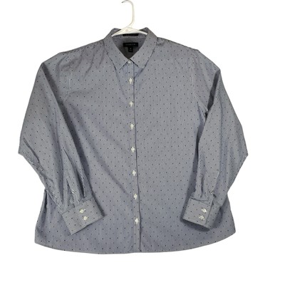 Lands End Nautical Blouse Womens 18 Blue Striped No Iron Supima Button Up