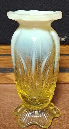 Antique Fenton 5" Vase, Cactus Topaz Opalescent URANIUM VASELINE Glass ~  RARE