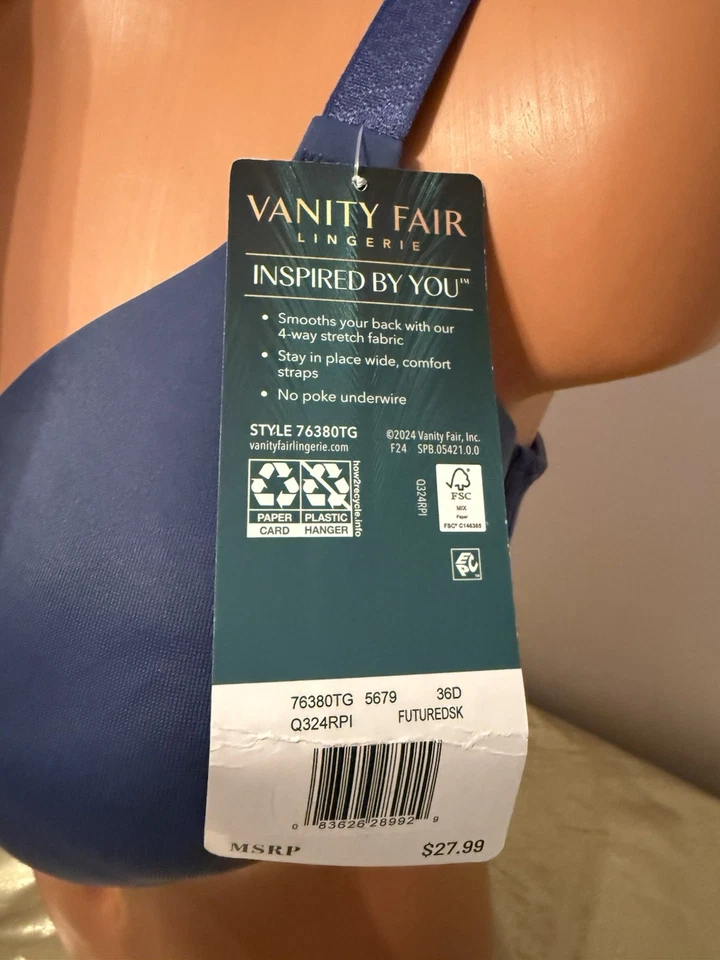 Nuevo con etiquetas Sujetador Camiseta Vanity Fair Suavizante Espalda Con Aros 76380 Azul Talla 38C Foto 3 de 4