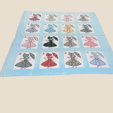Vintage 1930s Lady Parasol Sunbonnet Quilt Handmade Hand Quilted Cotton 91x91