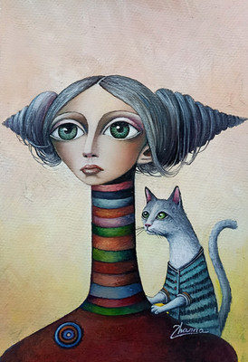 Original Oil Painting Whimsical Surreal Fantasy Lady & Tabby Cat Portrait Art A4