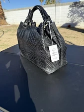 Large Black Leather Shoulder Bag with Cresent Zipper Lilium Firenze Italian NWT