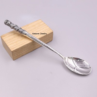 S999 Fine Silver Healthy  Dragon Handle Soup Spoon Tableware 35-36g 6.2in