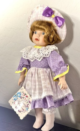 Vintage Porcelain Doll 16" 1997 Anco Early Blossom Collection Purple Dress & Hat - Picture 4 of 11