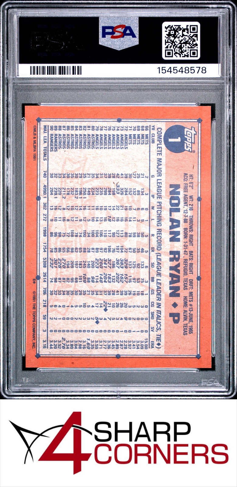 1991 TOPPS #1 NOLAN RYAN RANGERS HOF PSA 9 view 2