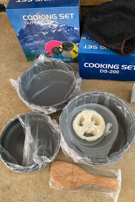 2 Portable Cooking Sets Camping Backpacking Mess Kits Pans Bowls Lids SHIPS FREE