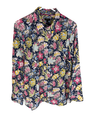 TALBOTS Shirt Size Large Pink Yellow Blue Floral Cotton Tropical Womens Top