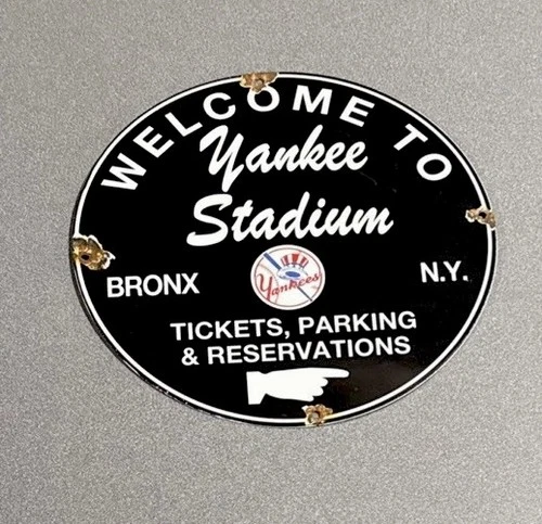 VINTAGE 12” YANKEE STADIUM BASEBALL  PORCELAIN SIGN CAR GAS TRUCK MOTORCYCLE OIL