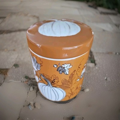 Pumpkin Spice Candle Ceramic Jar Airtight Lid White Pumpkins &  Leaves 4''Tall 
