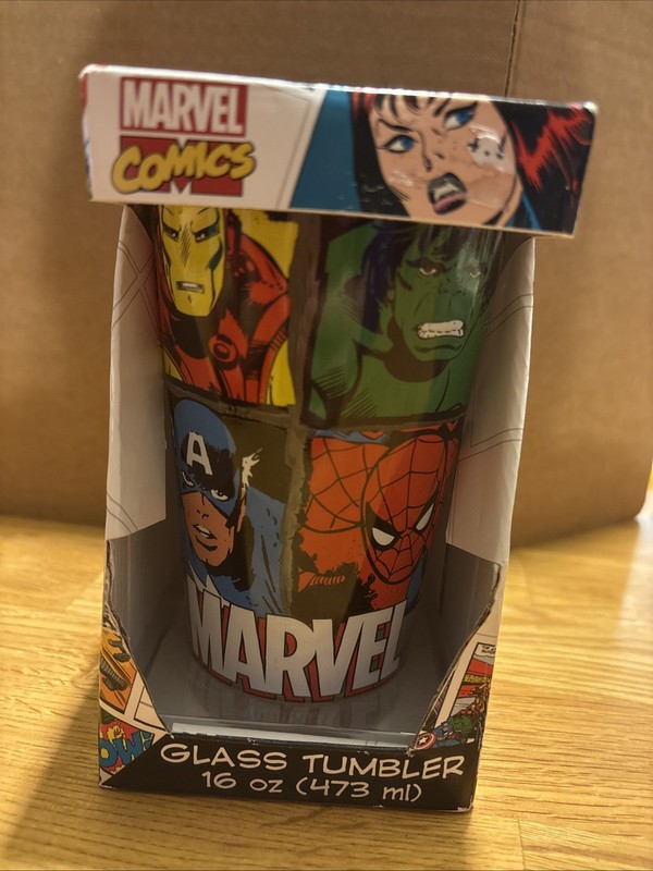Marvel Comics 16 oz. Pint Glass Spiderman Hulk Ironman Nib 