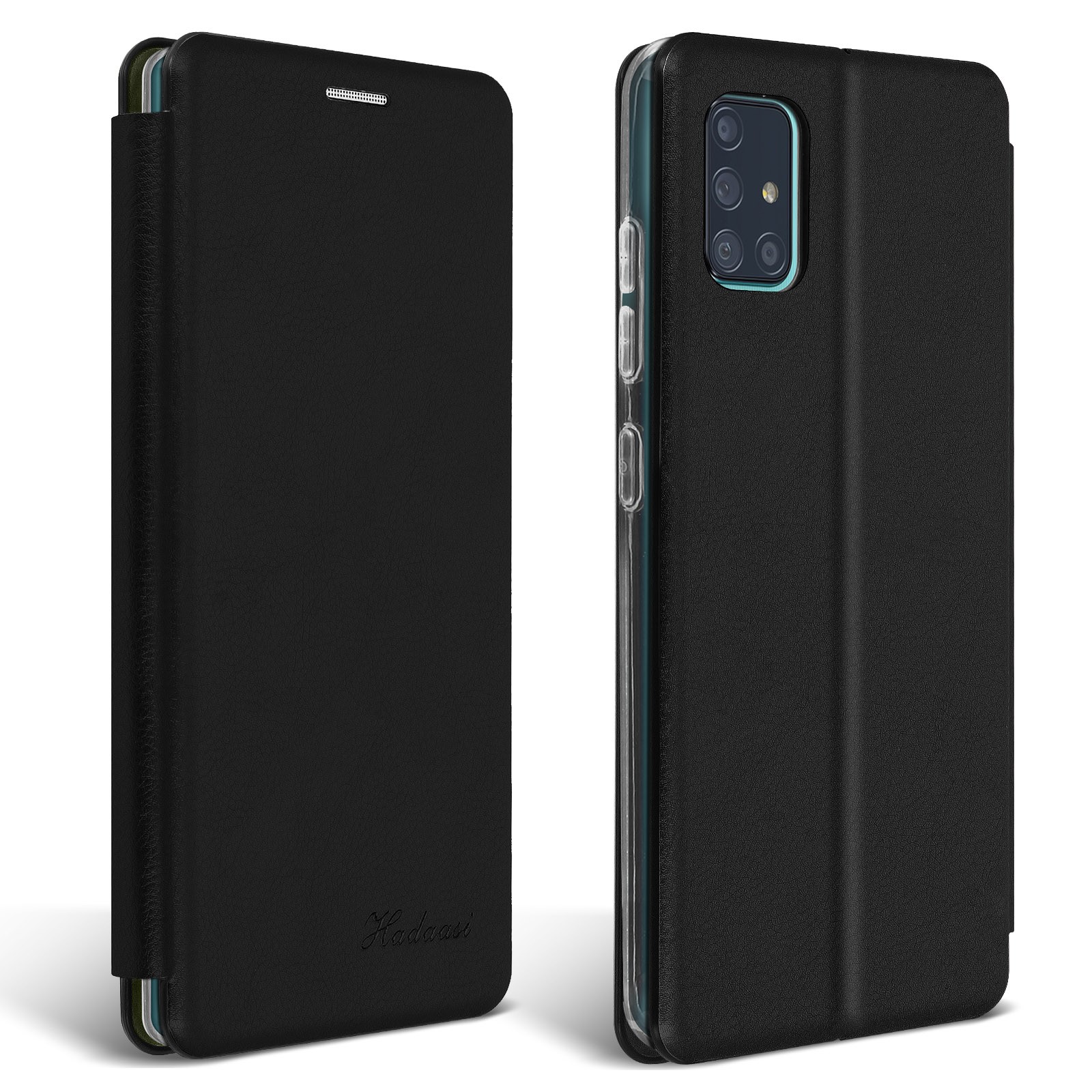 Protection Galaxy A71 en simili cuir noir idéale pour regarder vos vidéos en voyage