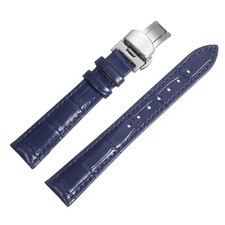 Leather Band Deployment Buckle Watch Strap 17mm Leather Strap, Blue/Silver