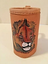 Hand Painted Lion Leather Bottle or Can Holder with Handle