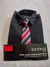 Boys George Brand Black Dress Long Sleeve Shirt Red Gray Clip on Tie Size 4-5