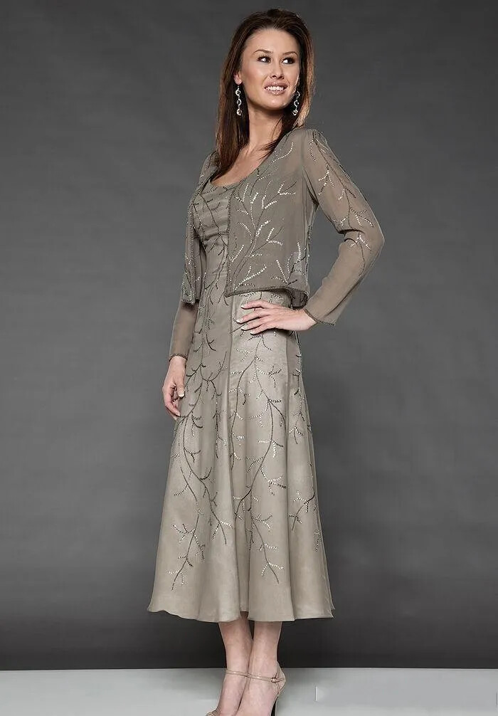 Mother Of The Bride Dresses With Jacket Crystal Beading Sheer Tea