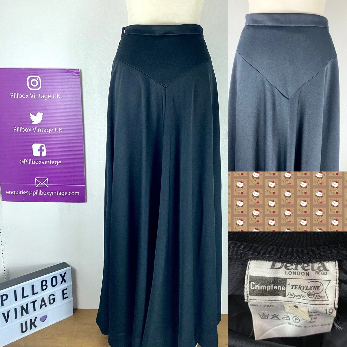 DERETA Vintage Black Skirt Size U.K. 8 10 60s 70 s Long Maxi Flared Crimpelene