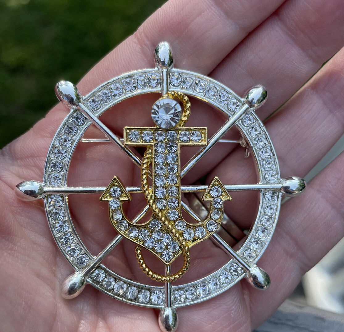 Silver Gold Nautical Helm Sailboat Sailing brooch Rhinestone Pin