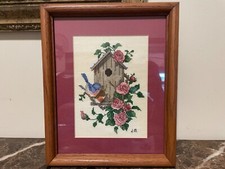 Framed Needlepoint Blue Birds With Bird House  Flowers Under Glass