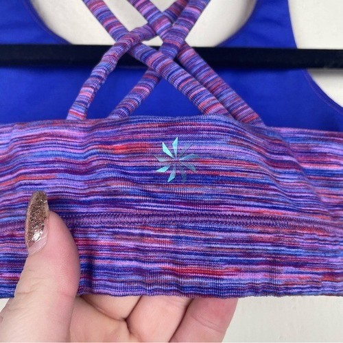 Athleta Girl Criss Cross Back Sports Bra Purple Striped Medium - Picture 4 of 6