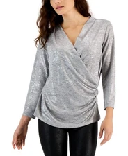 Studio by JPR Women's Metallic Surplice Faux-Wrap Top Sz XL,Holiday Shine Silver
