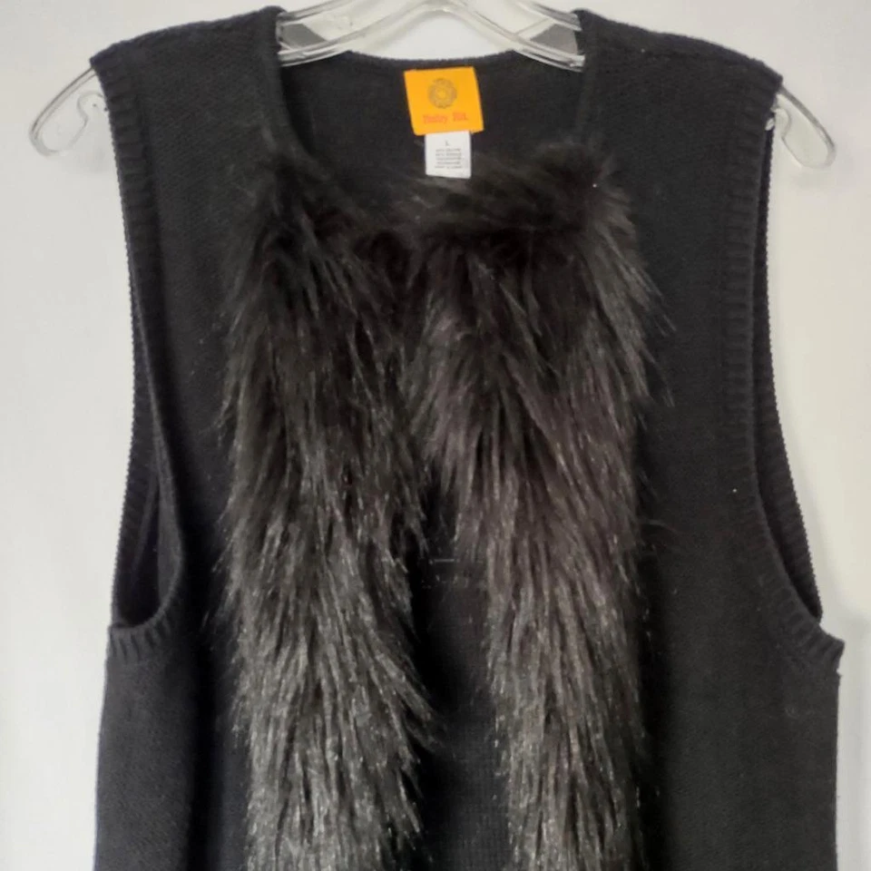Ruby Rd Womens Black Long Sweater Knit Vest w/ Faux Fur Trim Large EUC 70s Glam - Image 3 of 4