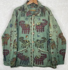 Vintage Safari Animals Jacket Womens Plus Sz Green Patchwork Appliqué Boho India